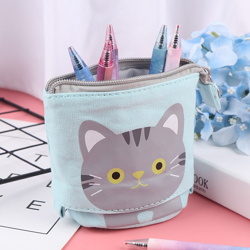 Portalápices retráctiles multifunción para niñas y niños, estuche de lápices Kawaii de lona con de animales de gato, material de papelería coreana