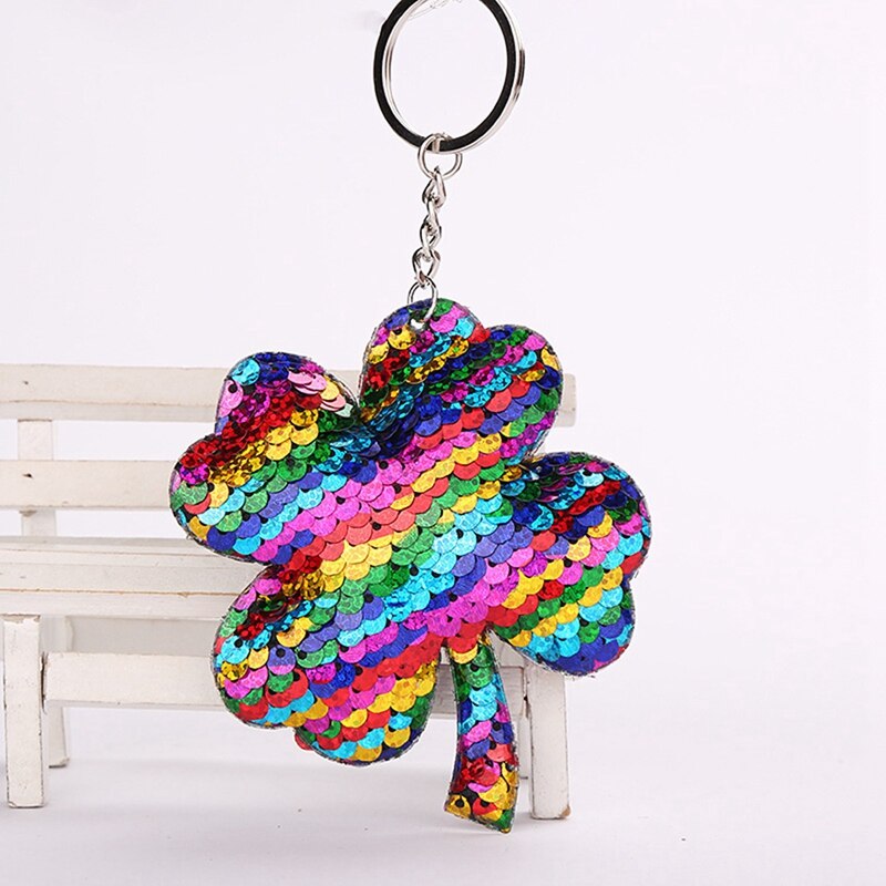 2 Pcs Klavertje Vier Sleutelhanger Sleutelhanger Glitter Pompom Pailletten Sleutelhanger -Blauw & Kleurrijke