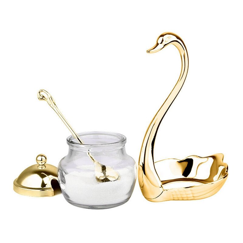 2X Aluminum Alloy Condiment Pot Seasoning Container Coffee Storage Organizer Swan Rack Set Gold