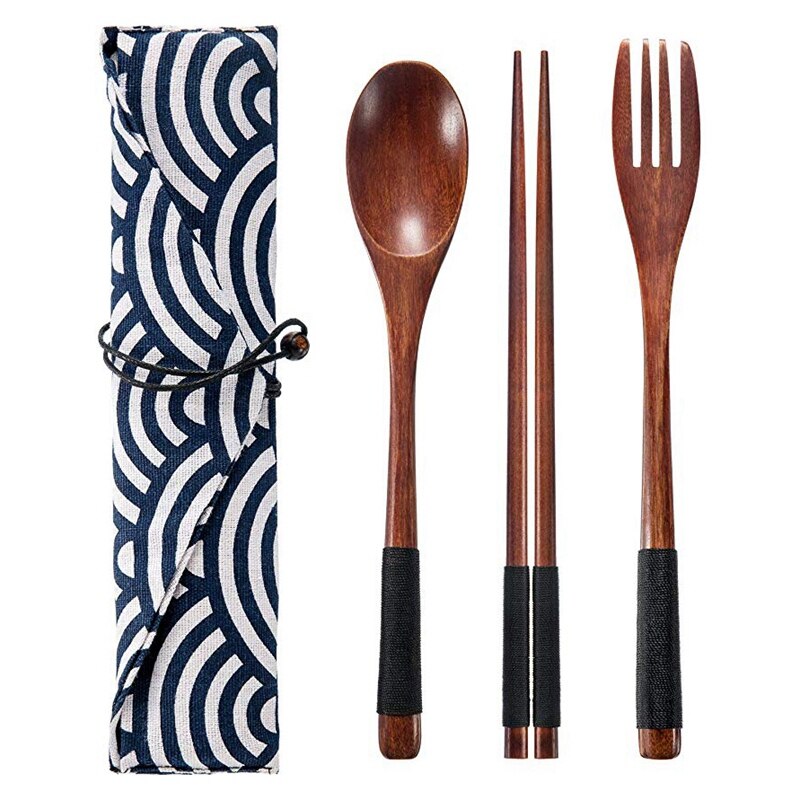 2 sets houten bestek, servies, bestekset, reisbenodigdheden, vastgebonden lijn, herbruikbaar bestek, houten vork, lepel, eetstokjes