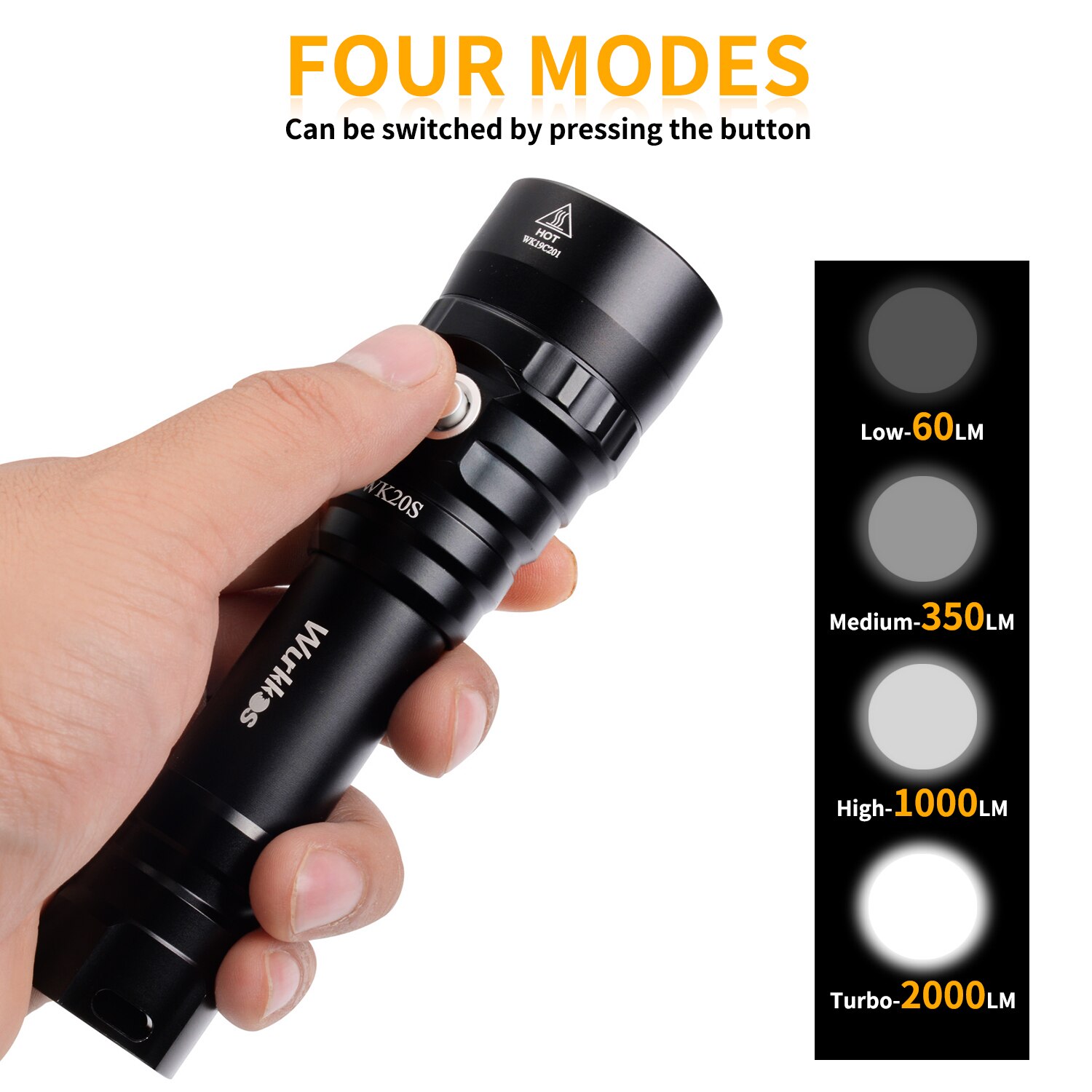 Wurkkos  wk20s kraftig dykkerlommelykt ipx 8 vanntett dykkerlys oppladbar maks 2000 lumen sst 40 hd ledet 4 moduser