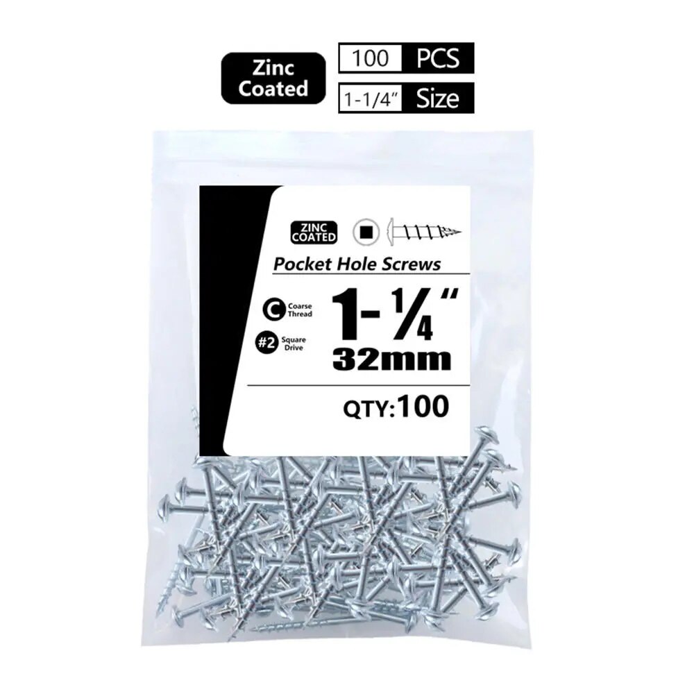 100Pcs 25-63mm SQ2 Pocket Hole Screw Coarse Thread Woodworking Self Tapping Screw Oblique Hole Screw Square Driver: green