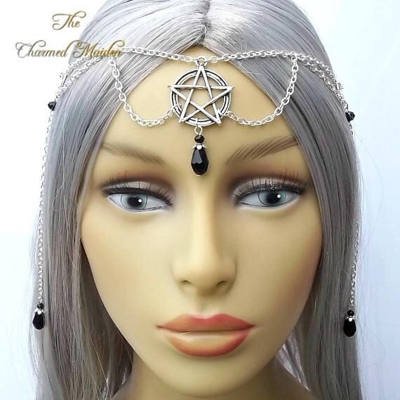 WiccMoon Circlet, Pagan Headdress Wiccan Head Chain Moon &amp; Triskele Headpiece Gothic Head Chain: B26