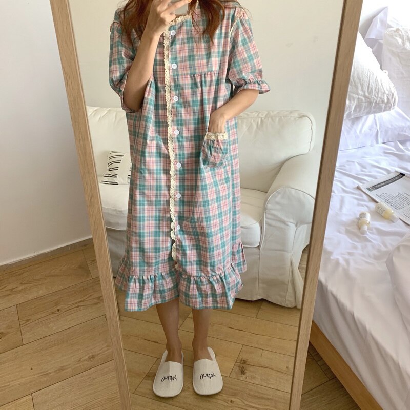 Vrouwen Nightgowns Zomer Nachtkleding Enkele Breasted Midi Jurk Homewear O Hals Korte Mouwen Plaid Nachthemd Korea Sleepdress Y471