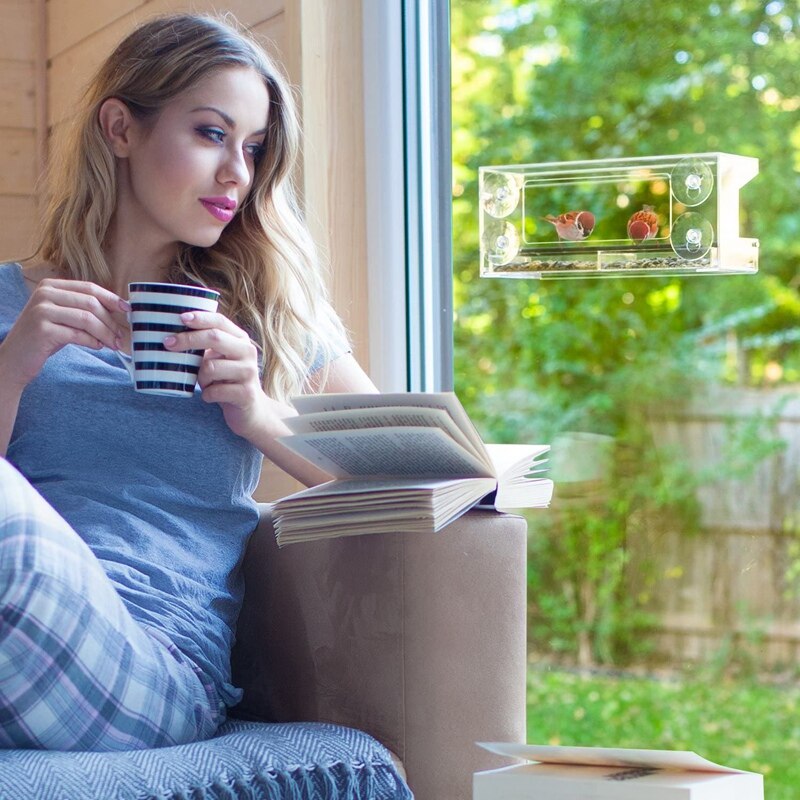 Big Window Bird Feeder with 4 Super Strong Suction Cups & Sliding Seed Tray, Large, Clear Acrylic Outdoor Bird Feeders,