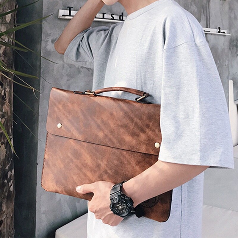 Men's Business Briefcase - Faux Leather Laptop Bag - Single Handle - Hasp Closure - 13.78" W x 10.63" H