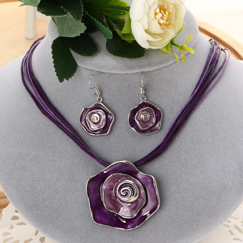 Zoshi Sieraden Sets Enamel Bloem Hanger Multilayer Leather Rope Set Ketting Oorbellen Set Voor Vrouwen