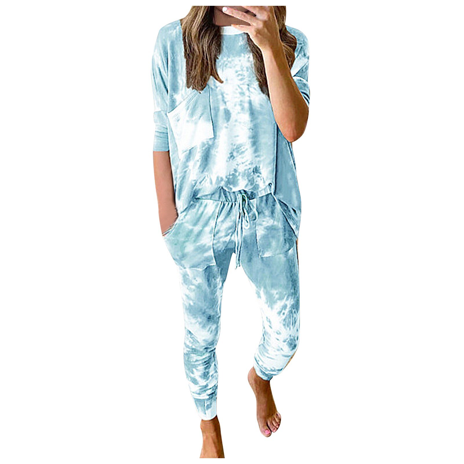 Vrouwen Pyjama Tie-Geverfd Gedrukt Sportkleding Pak Casual Homewear Set Lange Mouw Sweater Broek Vrouwelijke Kleding: Blauw / S