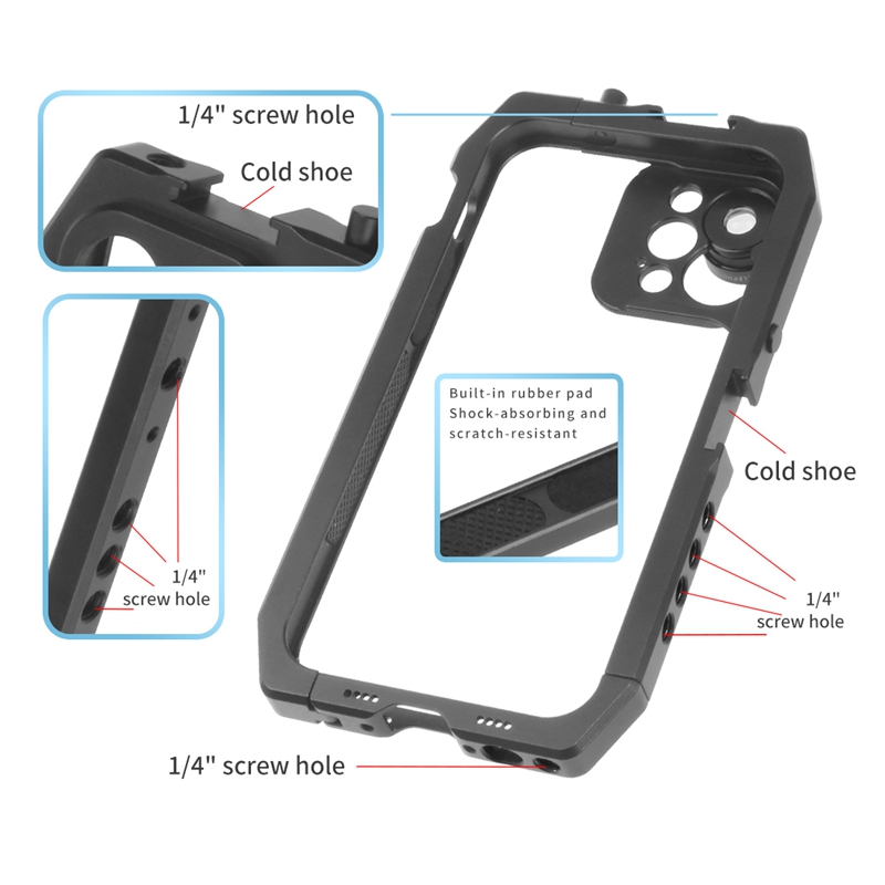 Handykäfig, smartphone-video-rig, mobiler käfig für iphone 12/ 12 pro, handykäfig mit blitzschuh und 1/4 gewindebohrungen