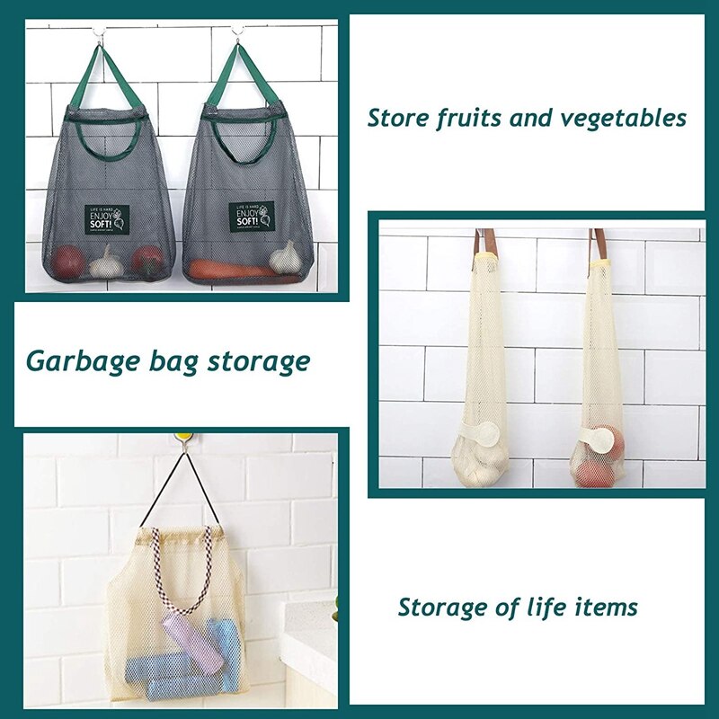 Panier à fruits suspendu, 6 pièces, sac en filet pour légumes, rangement suspendu réutilisable, panier mural lavable pour garlicas, pommes de terre et oignon