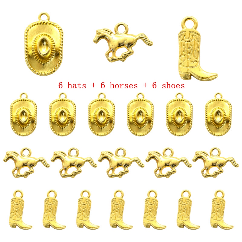 18Pcs Western Cowboy Thema Charms Lichtmetalen Metalen Paard Cowboy Boot Hoed Hanger Voor Diy Armband Ketting Oorbellen Sieraden Maken: Licht Geel Goud Kleur