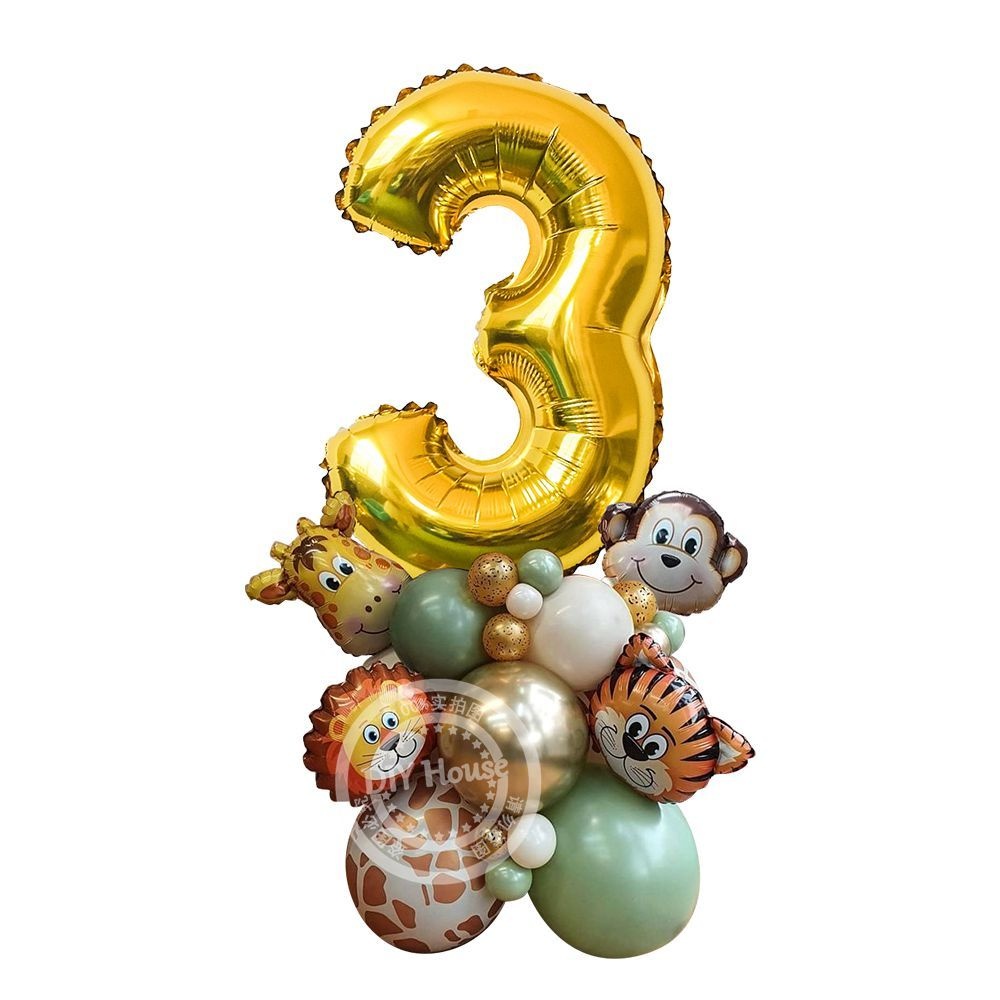 Wild Dieren Ballon Toren met Gouden 1-9 Nummer Ballon voor Jongen Jungle Safari Verjaardagsfeestje Decoratie Bos Party Supply