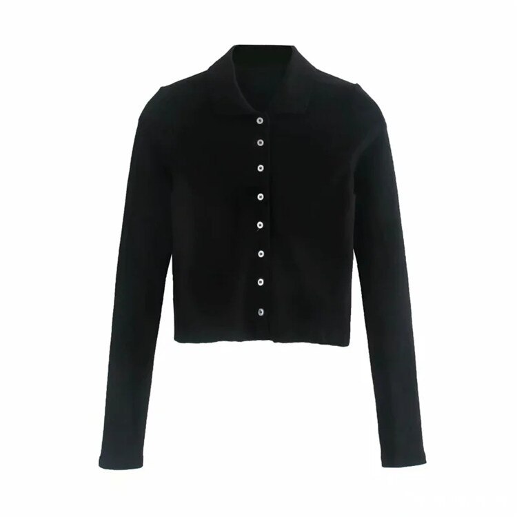 Polo liso de manga larga para mujer, camiseta ajustada acanalada de algodón, con botones, para chica, gris, negro y blanco: 2 / S