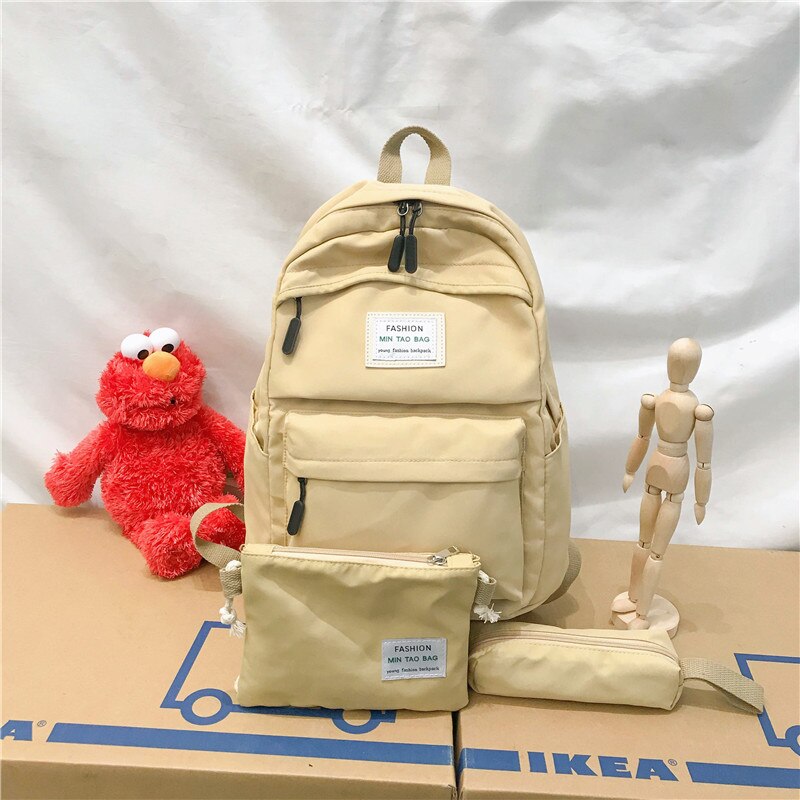 3 set Backpack Solid Color Casual Women Backpack Teenage Girl School Bag Student Girls Shoulder Bag Casual Mochilas: Yellow 3piece