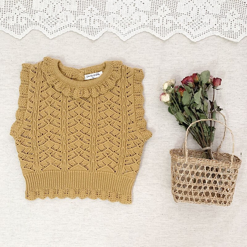 2022 Koreaanse Stijl Kinderen Baby Meisje Vest Trui Pure Kleur Mouwloze Hollow Wol Vest Leuke Lotusblad Kraag Korte Vest: S22161 yellow / 24M-90