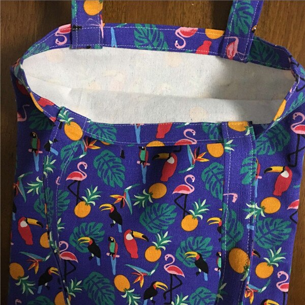Sac Cabas Tote Bag Femme Flamingo, Toile Imprimée Main, Fond Cuir Vegan Bleu