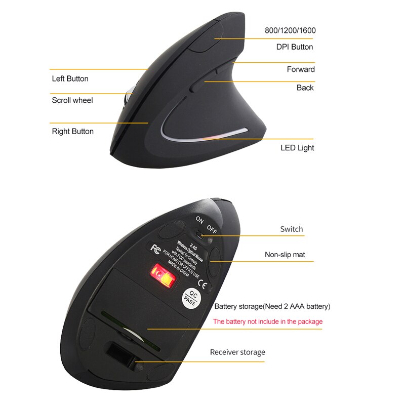 Sovawin Wireless Mouse 800 1200 1600 DPI Optical Mice Vertical Ergonomic Wrist Healing Mouse For Desktop Computer PC Game Mice