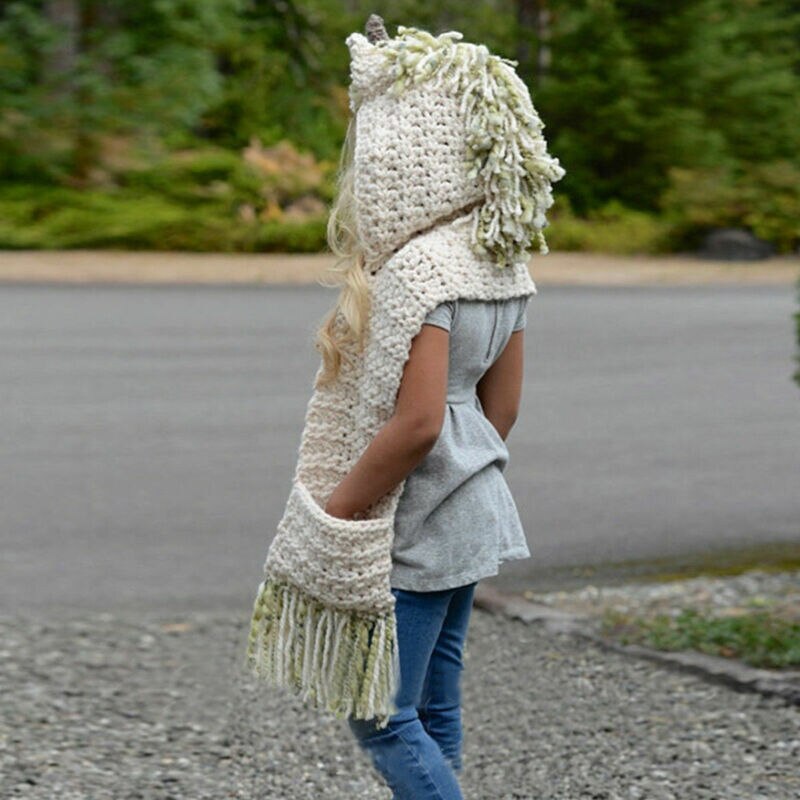 Enhörning huva halsduk djur hoodie cowl virka stickad mössa hatt barn cosplay tecknad halsduk flickor födelsedag jul