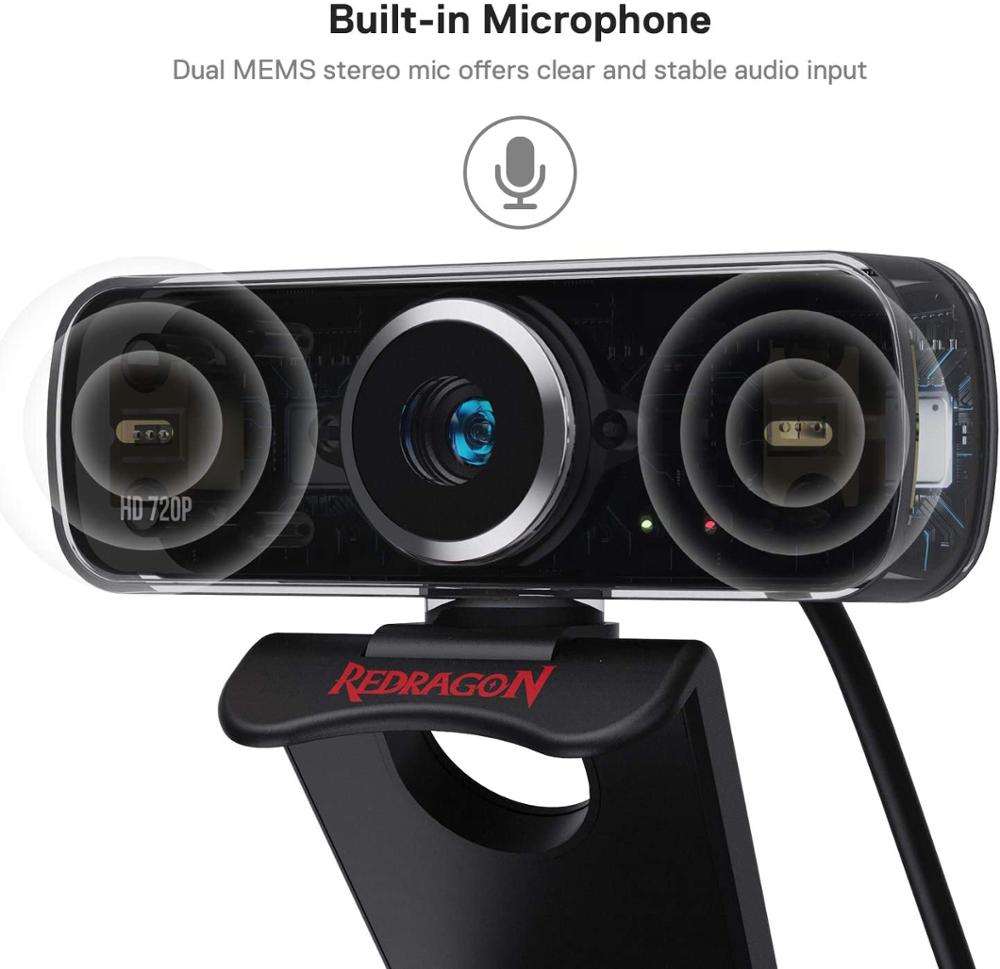 Redragon GW600 720P Webcam with Built-in Dual Microphone 360-Degree Rotation - 2.0 USB Skype Computer Web Camera