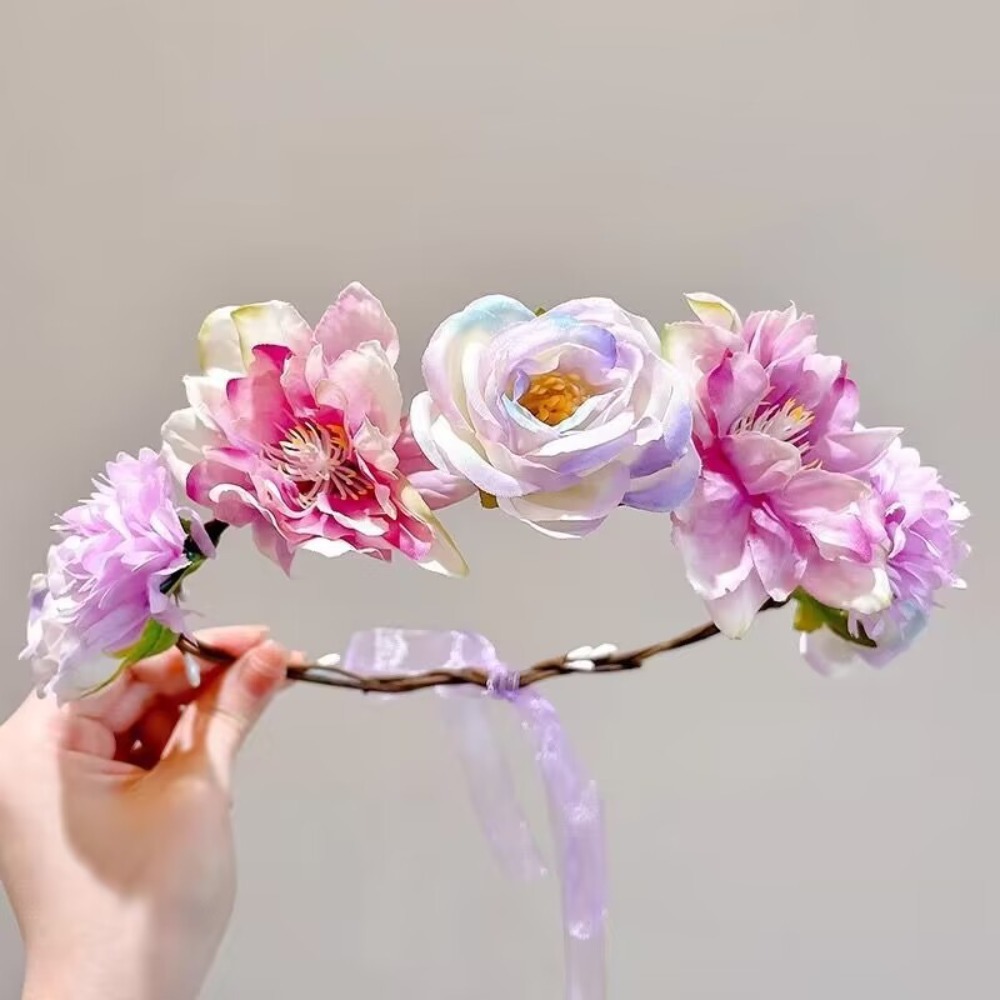 Fascinerende kunstbloemenfeebloemkroon met lint Bruid Bruiloft Bloemhoofdbanden Hoofddeksel Gevlochten krans: GRIJS