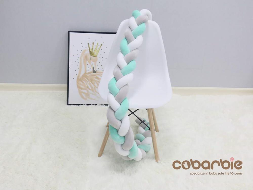 100 Cm Gevlochten Crib Bumpers + Knoop Kussen Kussen, Kwekerij Beddengoed, Cot Kamer Dector: grey white green