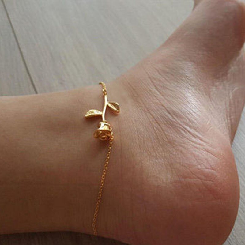 Enkel gullfarge rose blomsterkjede ankelkjeder bohemsk vintage fottøy sommer hav strand ankel armbånd fot smykker