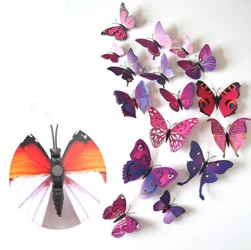 12 Stks/set Kleurrijke 3D Vlinders Muursticker Mooie Vlinder Sticker Met Magneet Voor Kid Kamer Muurstickers Home Decoratie: 02-Purple Red