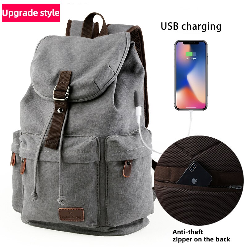 MOYYI Uomini di Tela di Canapa 14 pollici Del Computer Portatile di Tendenza Zaino di Ricarica USB Studente di Scuola Media Zaino Per Il Tempo Libero Zaino Da Viaggio: USB Zipper Gray