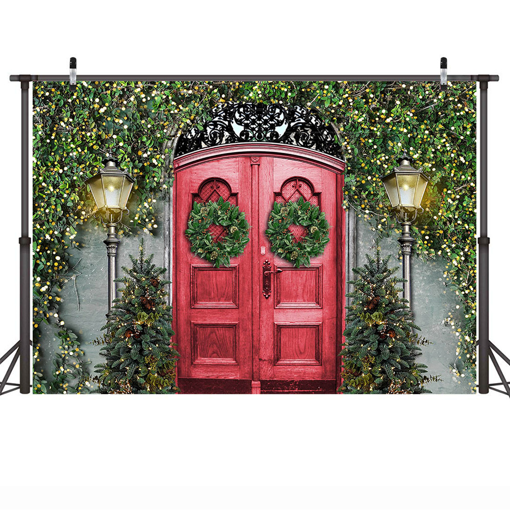 Natal vintage vermelho porta de madeira fotografia pano de fundo para estúdio foto videira verde inverno crianças aniversário arte fundo adereços