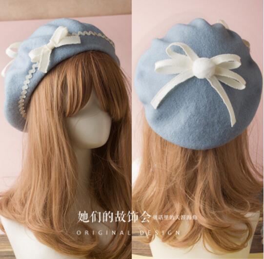 17 Kleuren Lolita Baretten Wol Blend Hoed Vrouwen Meisjes Boog Plaids Streep Sailor Stijl Preppy Chic Studenten Cap: K