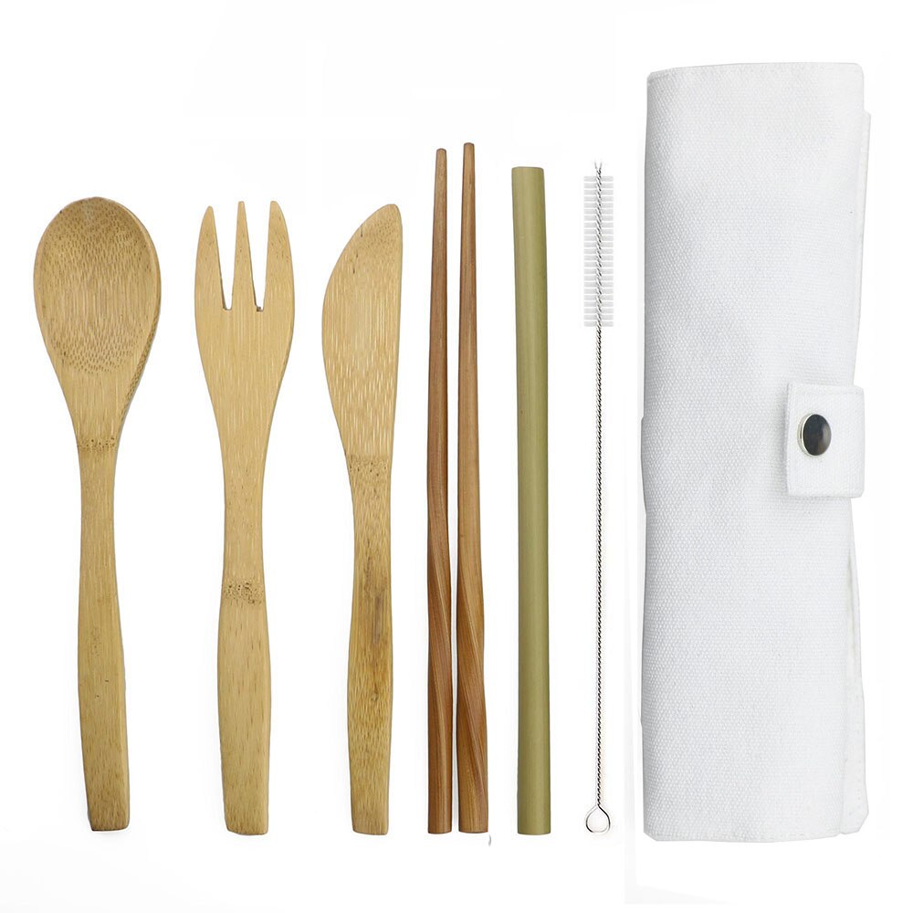 7-Piece Wooden Flatware Cutlery Set Bamboo Straw Set With Cloth Bag Knives Fork Spoon Chopsticks Travel: 6set / White