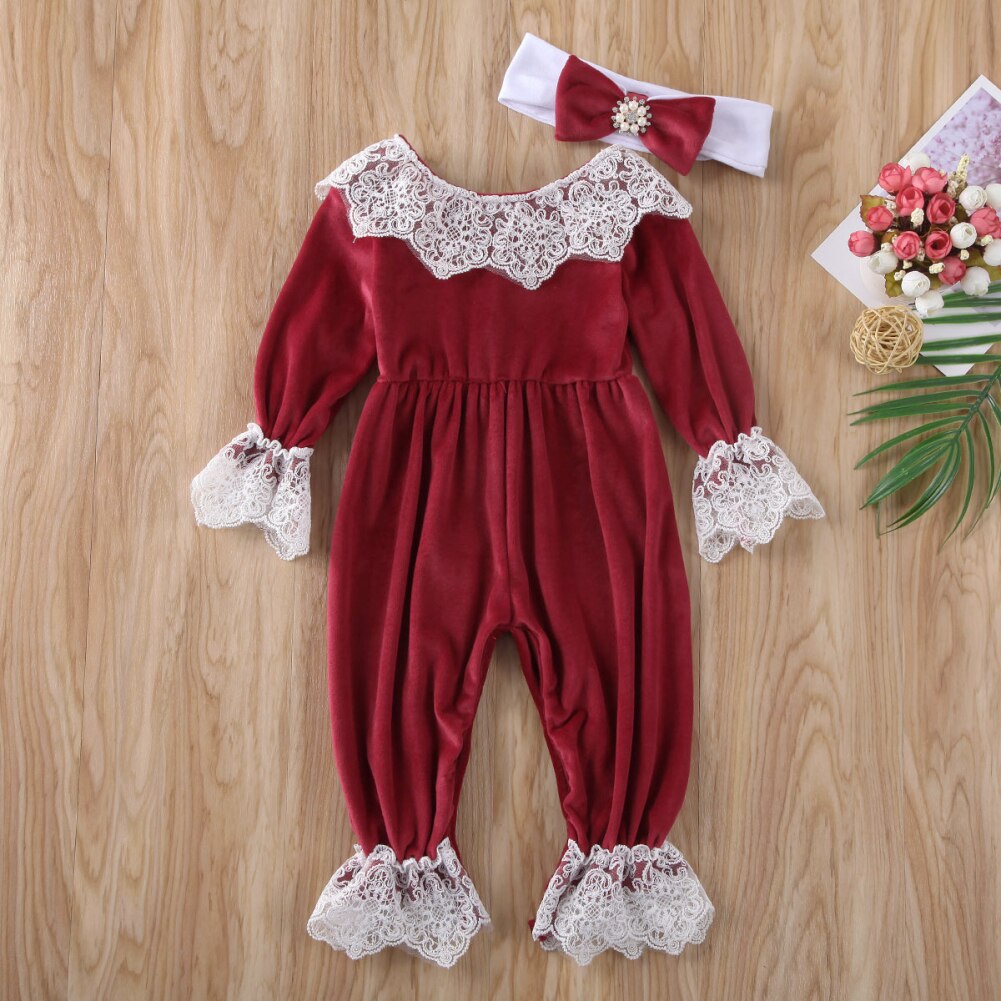 0-24M Infant Kids Baby Girls Boys Rompers Velvet Lace Long Sleeve Jumpsuits Clothes Headband 2pcs