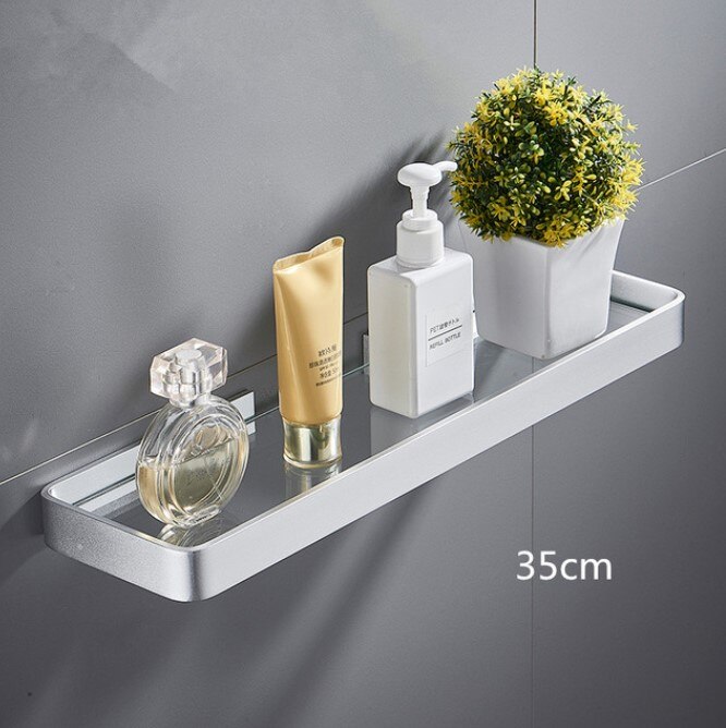 Badeværelseshylde bad bruser hylde søm fri glas hylde satin badeværelse hjørne hylde 25-50cm aluminium køkken opbevaring holder: 35cm hvide