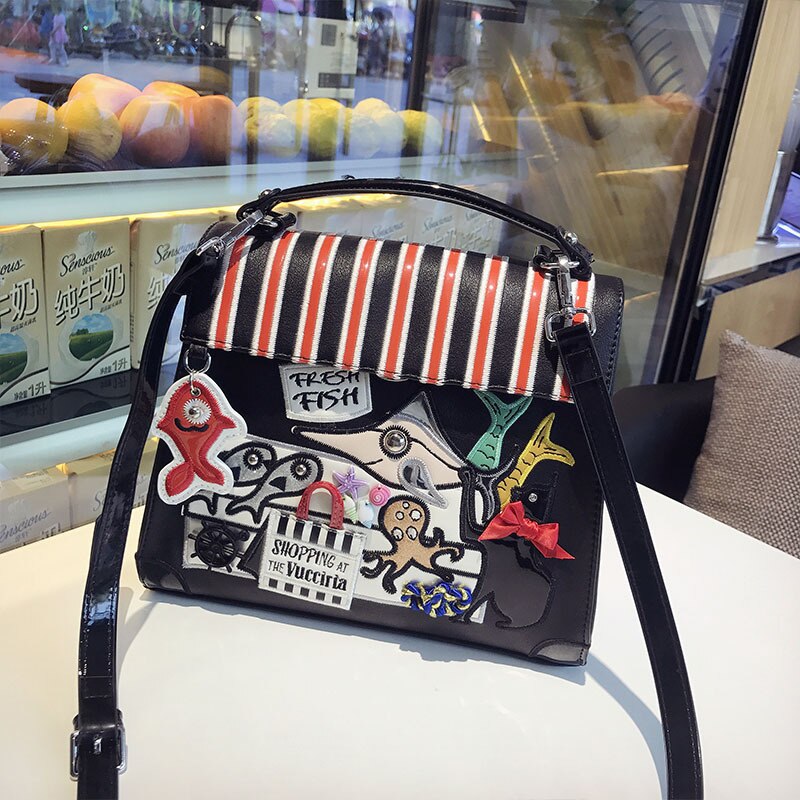 Dames pu leren handtassen vrouwelijke cartoon messenger bags dames portemonnee schoudertas casual tote bags: Zwart