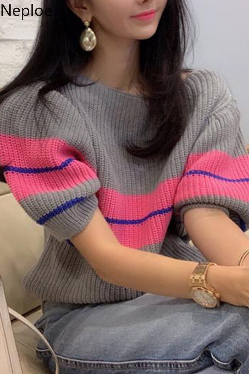 Neploe regenboog gestreepte trui dames lente koreaanse ronde hals pofmouw dames pullover tops casua stretch damestrui