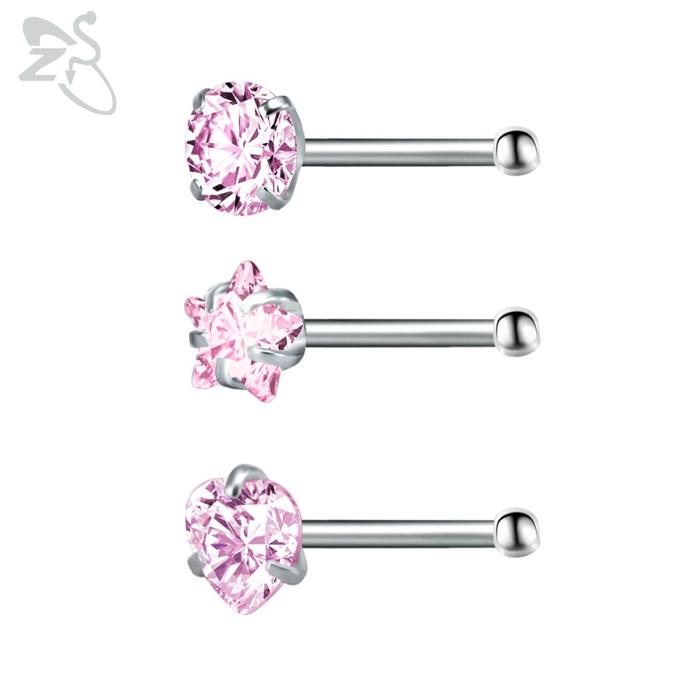 Zs piercing de nariz em aço inoxidável 3-12 porcelana, conjunto de pino redondo, estrela, coração, cristal cz, nariz, 3mm, forma de l, joia de piercing 20g: K-3pcs