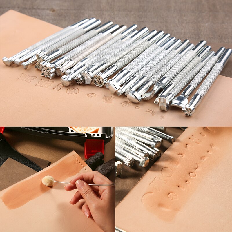 LMDZ Leather Carving Tool Set With Wooden Handle Nylon Hammer And 20Pcs Different Shape Leather Stamping Tools For Leather Craft