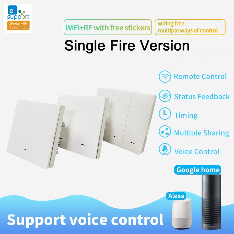eWelink UK 1/2/3 Gang RF433mhz Wifi Smart Single Fire Wire Wall Light Switch Remote Control No Neutral Line Switch App Control