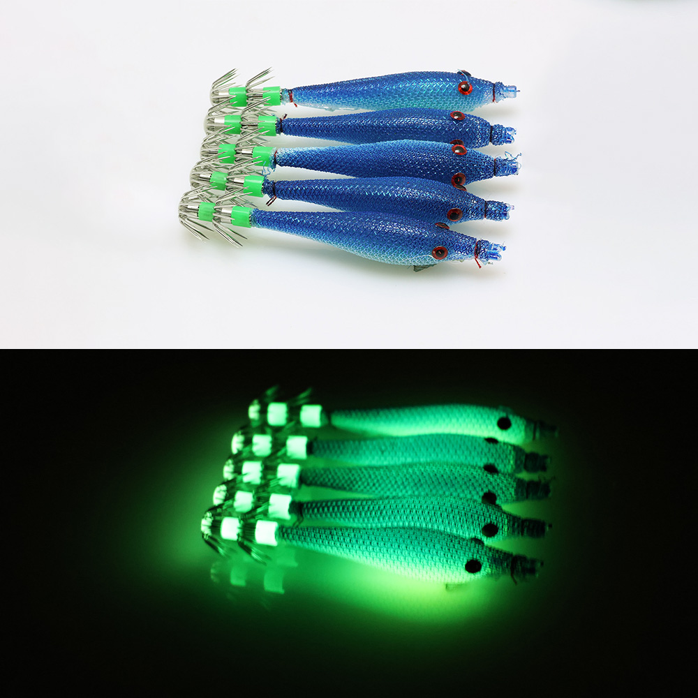 Señuelos de pesca fluorescentes, 5 uds., 6cm, 7cm, 9cm, 11cm, anzuelo de calamar, plantillas de sepia, cebo, camarones de madera, aparejos de pesca de mar ﻿: 55 mm / Amarillo