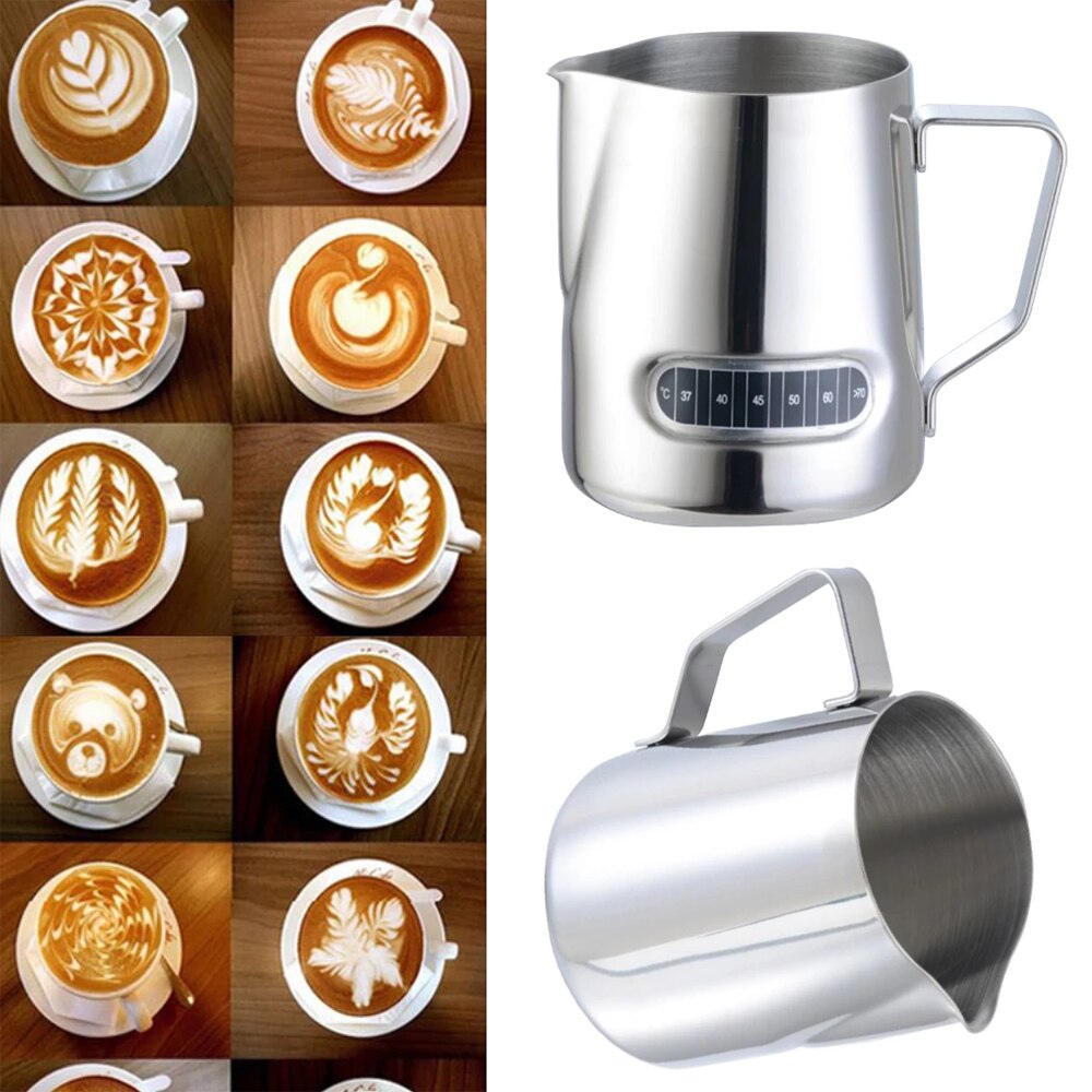 Rustfrit stål mælkeskummende kande med termometer 600ml piske mælkeskum kande espresso kaffe mælkeskummer kop kande maskine