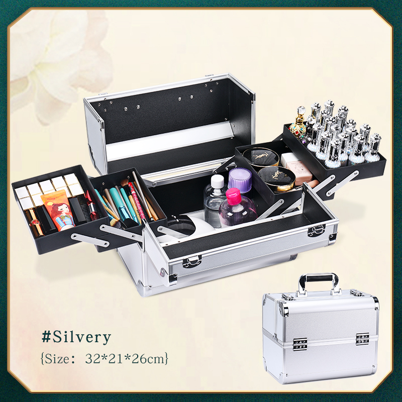 Makeup Train Box With Adjustable 4 Trays Makeup Box Makeup Storage Box With Lock And Compartment: Beige