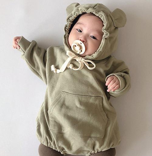 Lente herfst baby bodysuits kleine berenoren baby jongens bodysuit fluwelen kinder hoody bodysuit cartoon meisjes lange mouwen: Groene romper / 9m 73cm