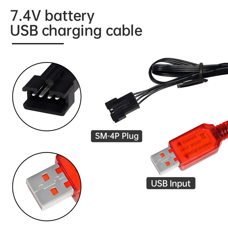 1 pièces 7.4V 500mA SM-4P prise chargeur USB pour DE36W DE65 HM202 EC08 EC16 RC voiture, M416 électrique Gel boule Blaster chargeur de batterie
