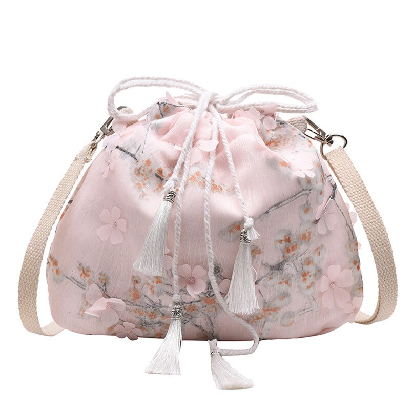 Retro Embroidery Crossbody Bag Luxury Handbags Women Bags Lace Drawstring Bucket Bag Drawstring Small Shoulder Bag #20: Pink