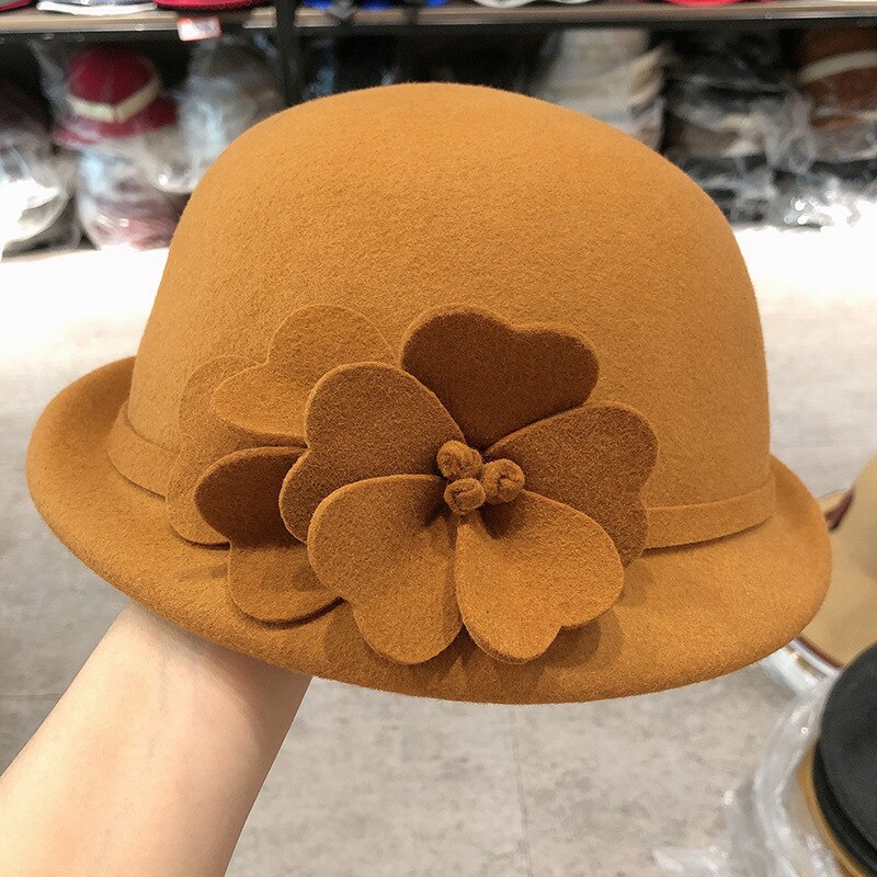 Sombrero Fedora con flores para mujer, sombrero de lana de 100% estilo inglés, Estilo Vintage, Boina de pintor francés,: Yellow
