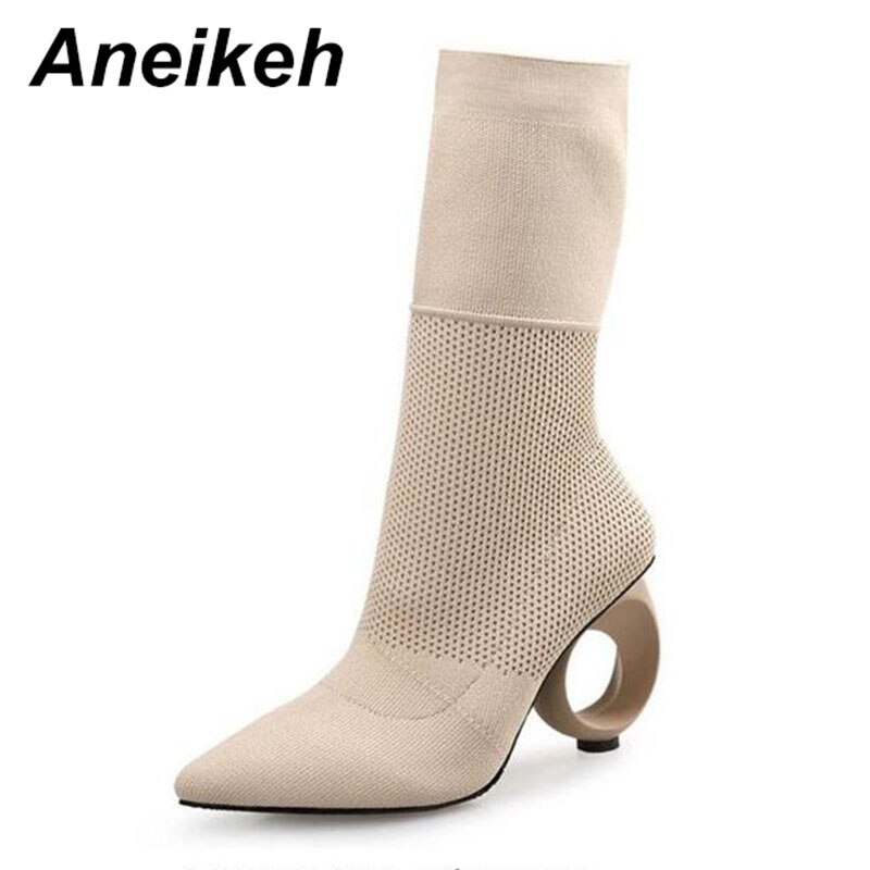 Aneikeh Trendy Stretch Sok Laarzen Enkel Lange Vreemde Fretwork Hakken Puntige Gebreide Laarzen Maat 34-40 Zwart abrikoos