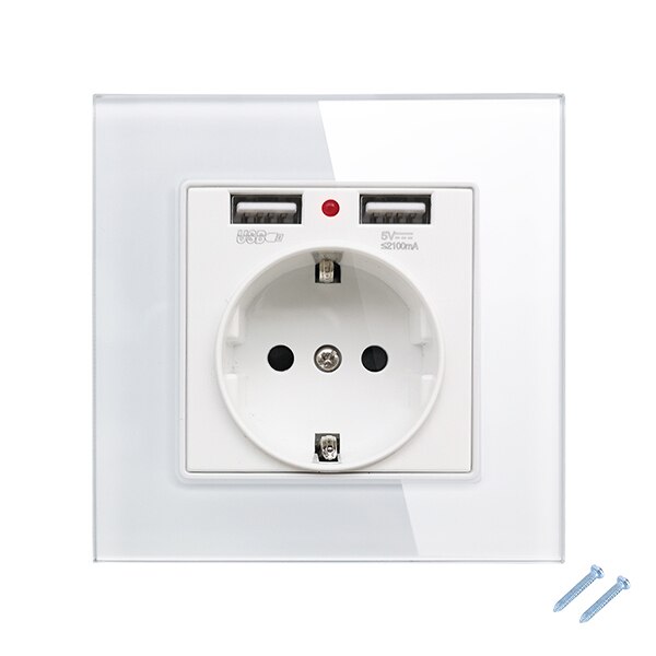 86*86mm Glass Panel EU Stopcontact met 2.1A 2 USB Poorten Opladen, 16A 2100mA Elektrische Stopcontact: White-1 piece
