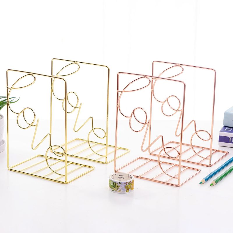2Pcs/Pair Love Shaped Metal Bookends Desk Storage Holder Shelf Book Organizer Stand 19QA