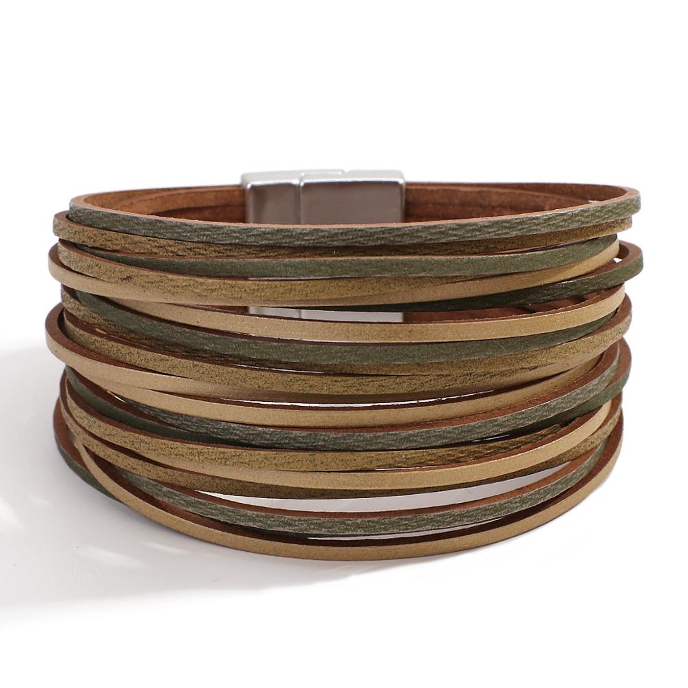 Amorcome – Bracelet en cuir mince multicolore, bandes multiples, large, bijoux de fête à la , Bracelets pour femme: khaki
