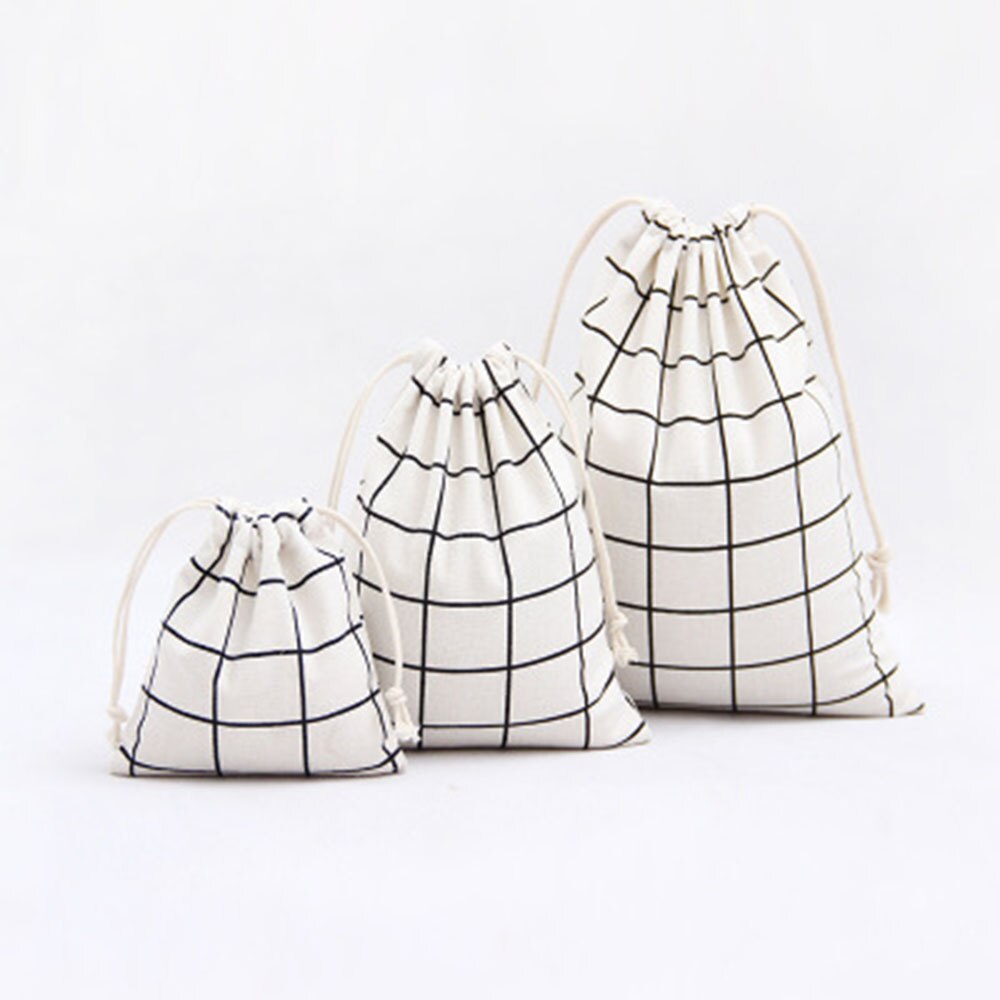 Shopping Bag Cotton Fabric Portable Plaid Grocery Bags Drawstring Bag Unisex Makeup Pouch Large Capacity: White / M